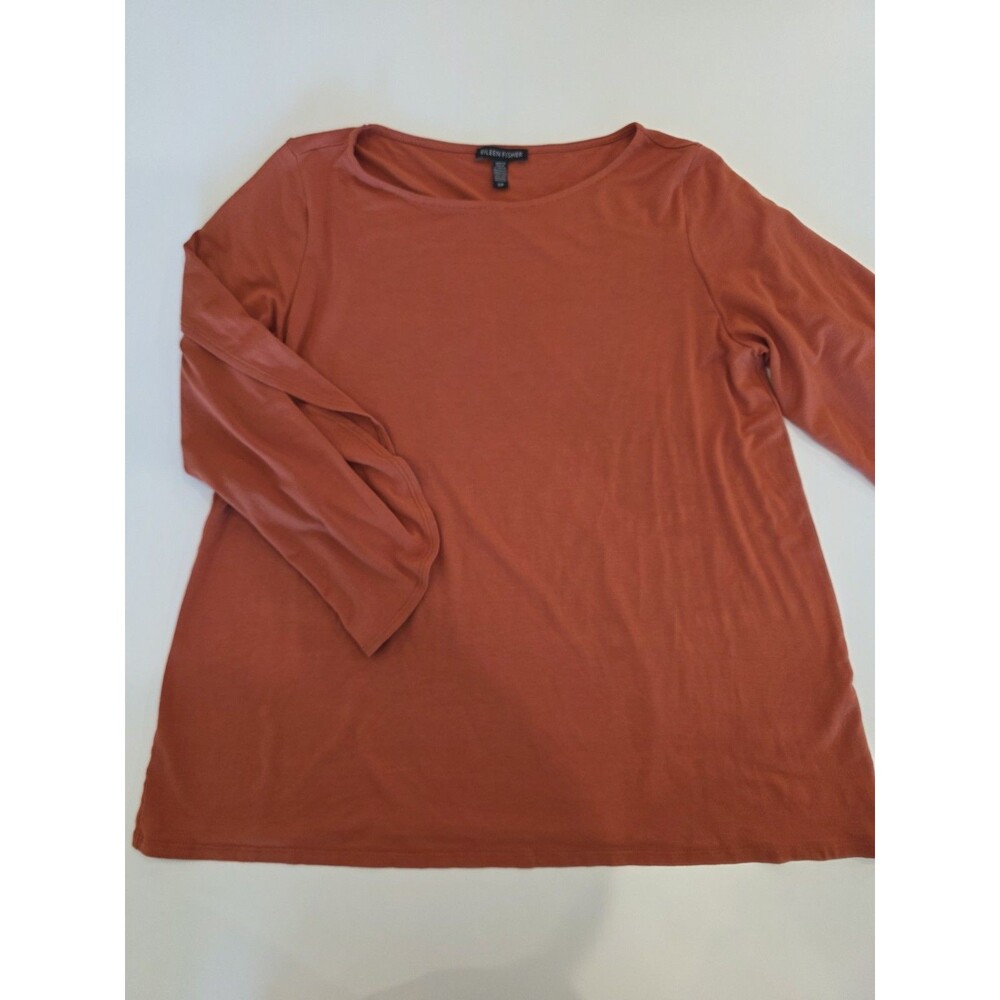 EILEEN FISHER Top Small Viscose Jersey Boat Neck Open Split Sleeve Spice USA